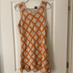 Maeve Orange and Cream Granny Square Crochet Mini Dress Women's size Small